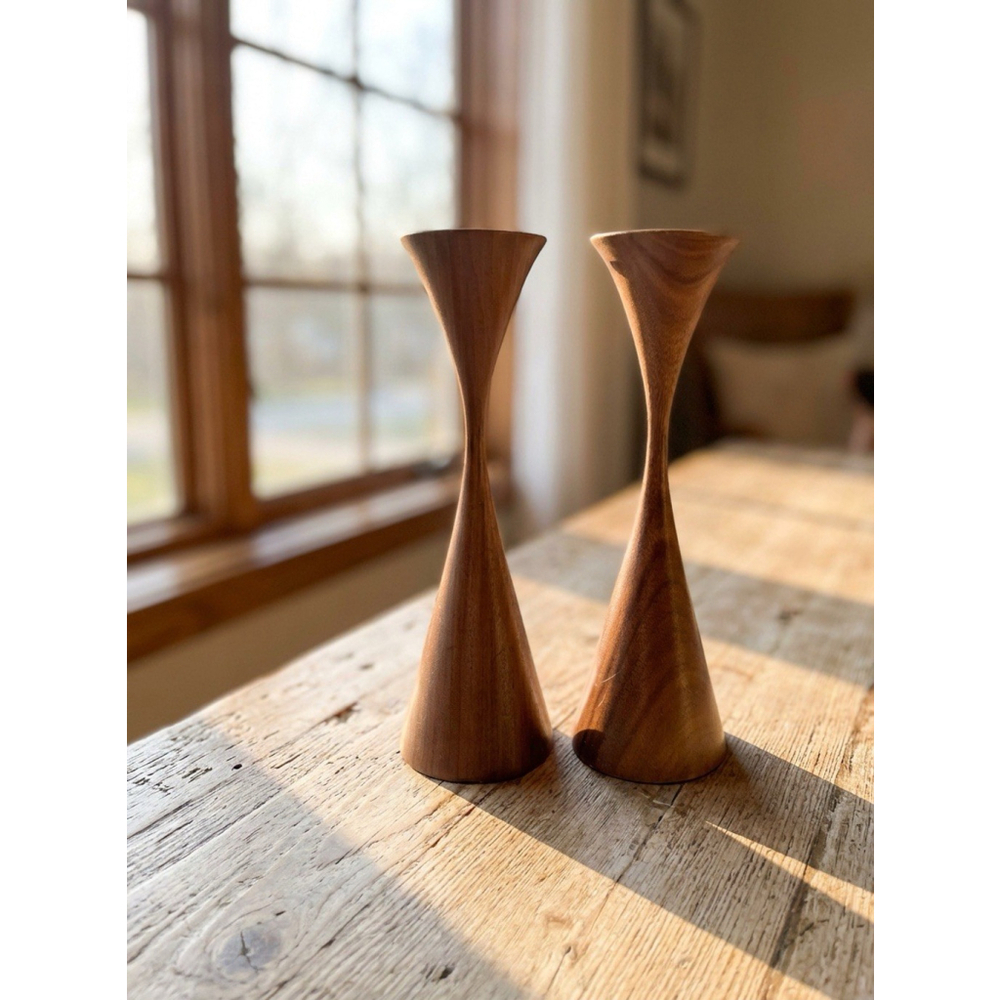 Vintage E.L. Reagan RARE Turned Wood Candlesticks MCM 1970s Gatlinburg, Tenn